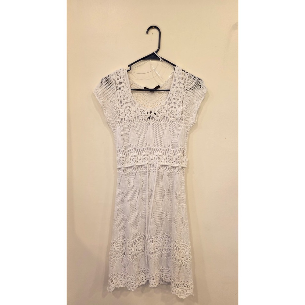 White Crochet Knee Length Dress Size Small Boho Coastal Cottagecore Coquette